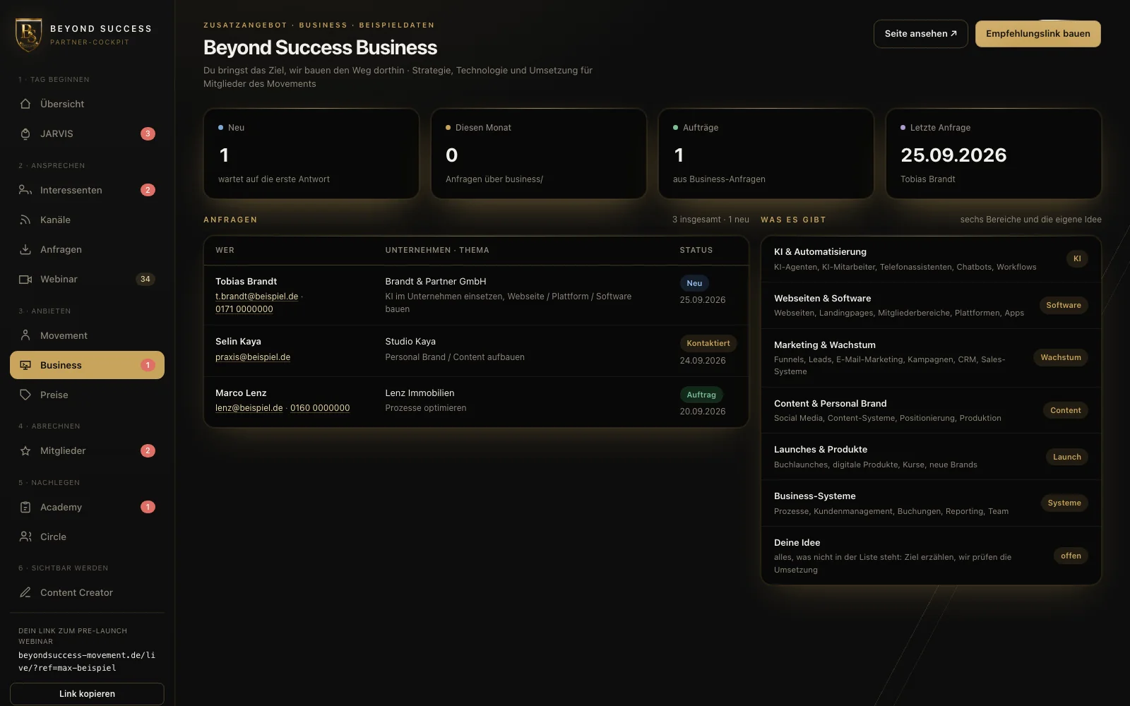 Das Partner-Cockpit von Beyond Success mit Beispieldaten: Anfragen mit Ziel und Status, daneben die sieben Bereiche von Beyond Success Business