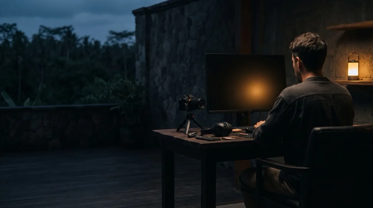 Ein Schreibtisch mit Monitor und Schnittprogramm, daneben eine Kamera im warmen Licht