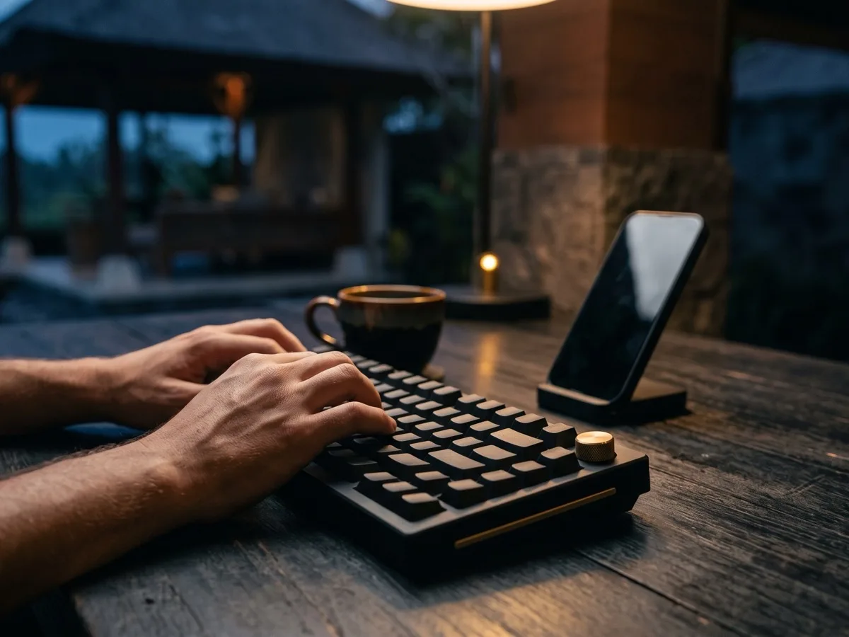 Hände an einer Tastatur vor einem Monitor mit Videoschnitt, daneben ein Handy mit Kurzvideo