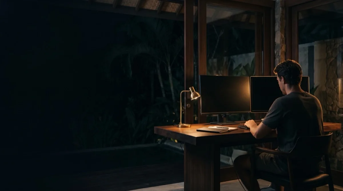 Zwei Monitore mit Code in einem dunklen Arbeitsraum, Lichtkante in Gold
