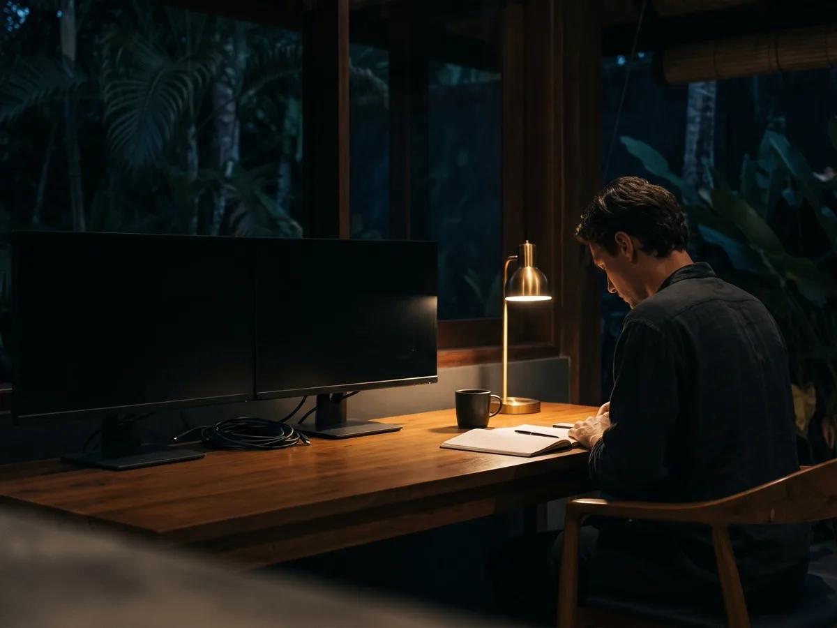 Ein Arbeitsplatz mit zwei Monitoren, Code und einem Notizbuch im warmen Licht einer Schreibtischlampe