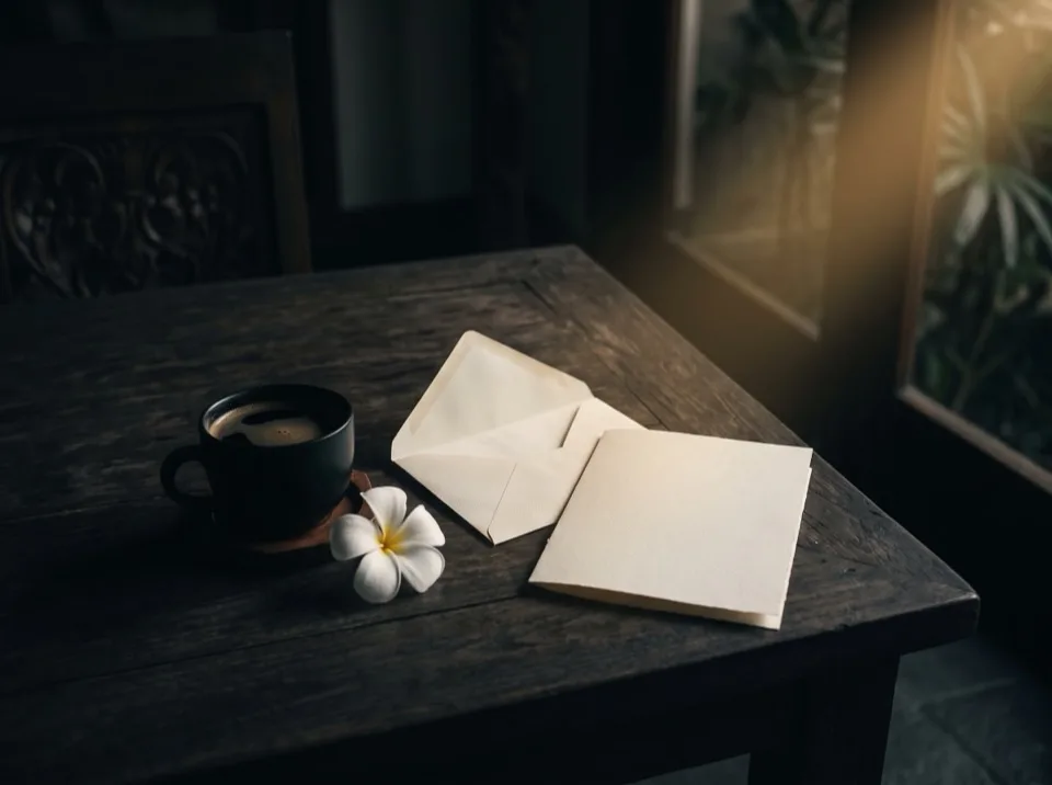 Ein geöffneter Briefumschlag, eine Tasse Kaffee und eine Frangipani-Blüte im Morgenlicht