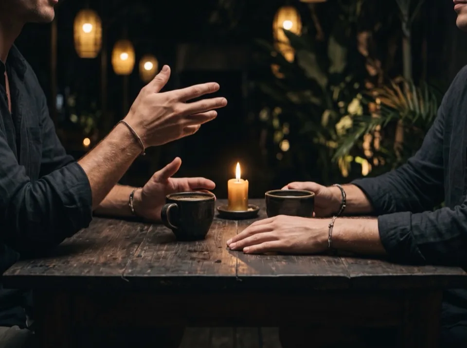 Zwei Menschen sitzen sich an einem Holztisch mit Kaffee und Kerze gegenüber und reden