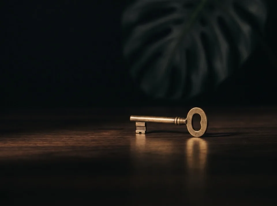 Ein Schlüssel aus Messing liegt im warmen Licht auf einem dunklen Holztisch