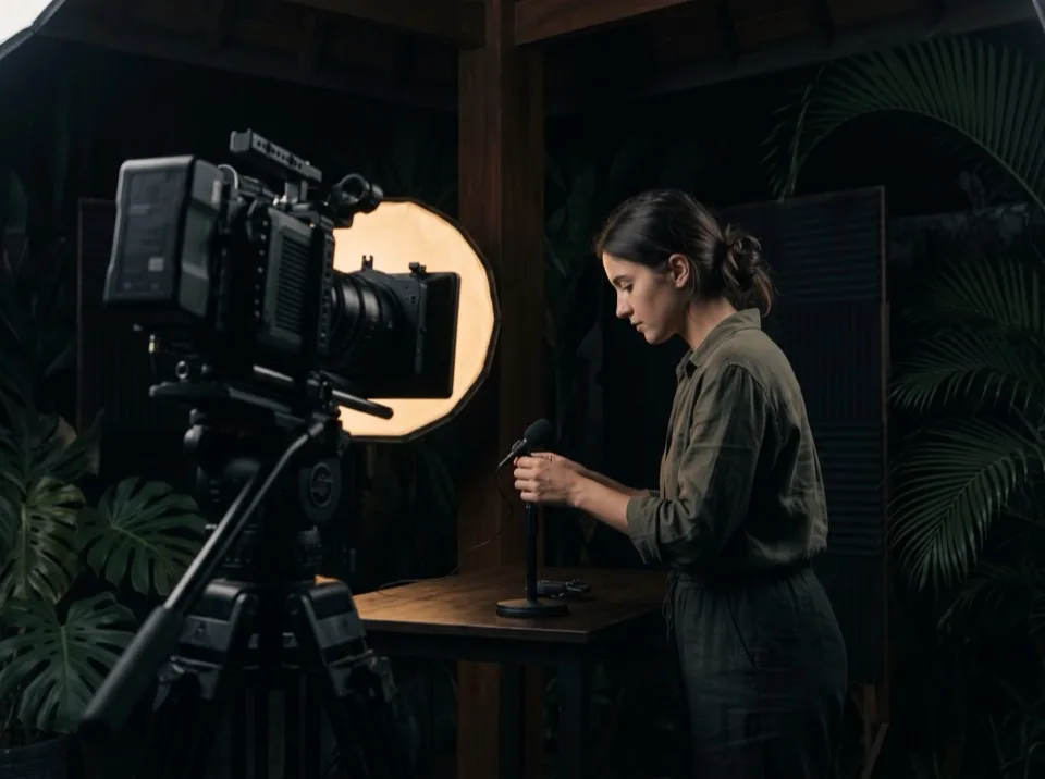 Eine Videokamera auf einem Stativ und warmes Licht bei einer Aufnahme in einer Villa