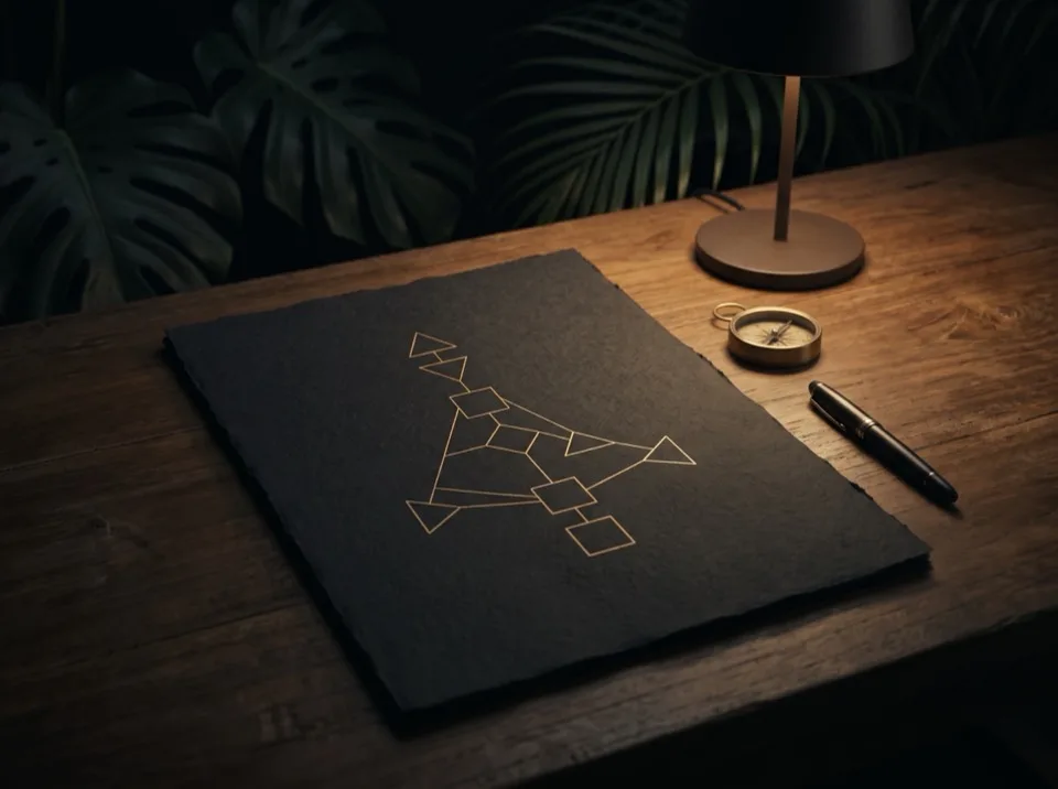Ein geometrisches Diagramm in Goldtinte auf dunklem Papier, daneben ein Kompass und ein Füller