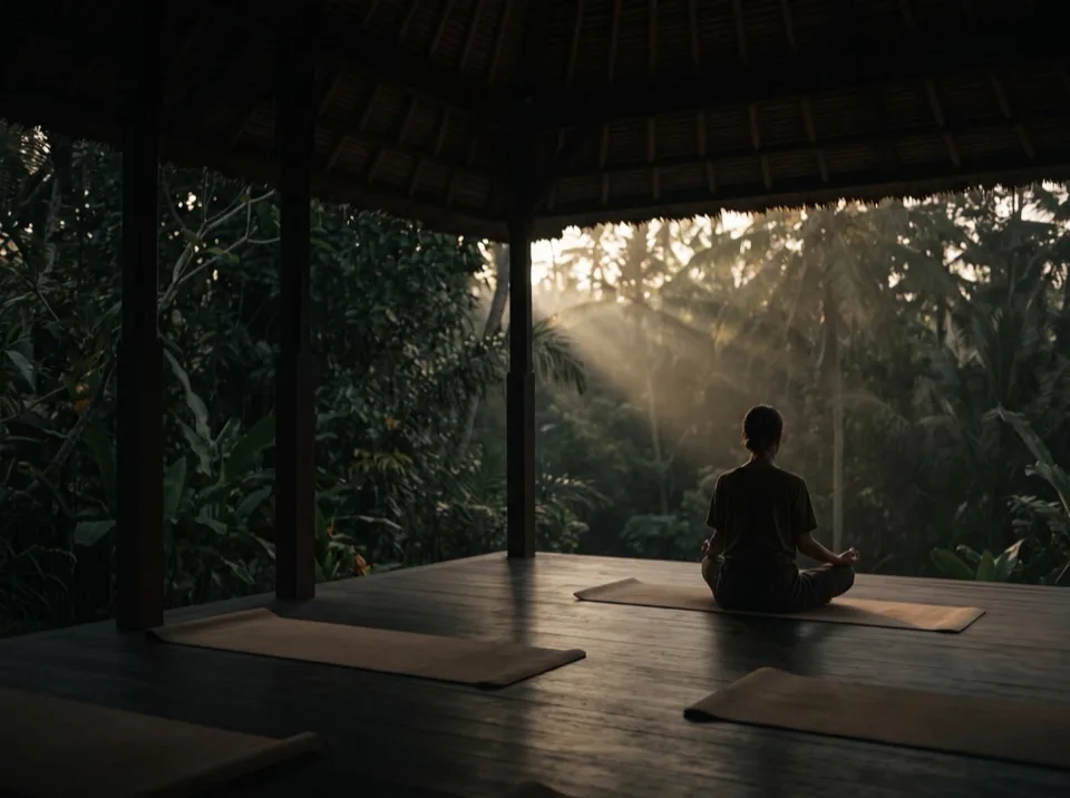 Ein offener Holzpavillon mit Yogamatten im Dschungel von Bali bei Sonnenaufgang